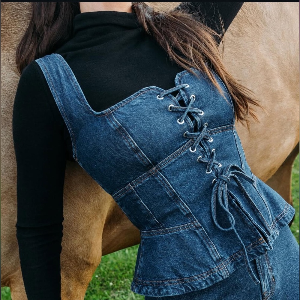 Reformation Blue Denim Lace-Up Top